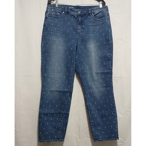 Talbots Flawless Slim Ankle Curvy Jeans‎ Anchor Print Blue Denim Size 14
